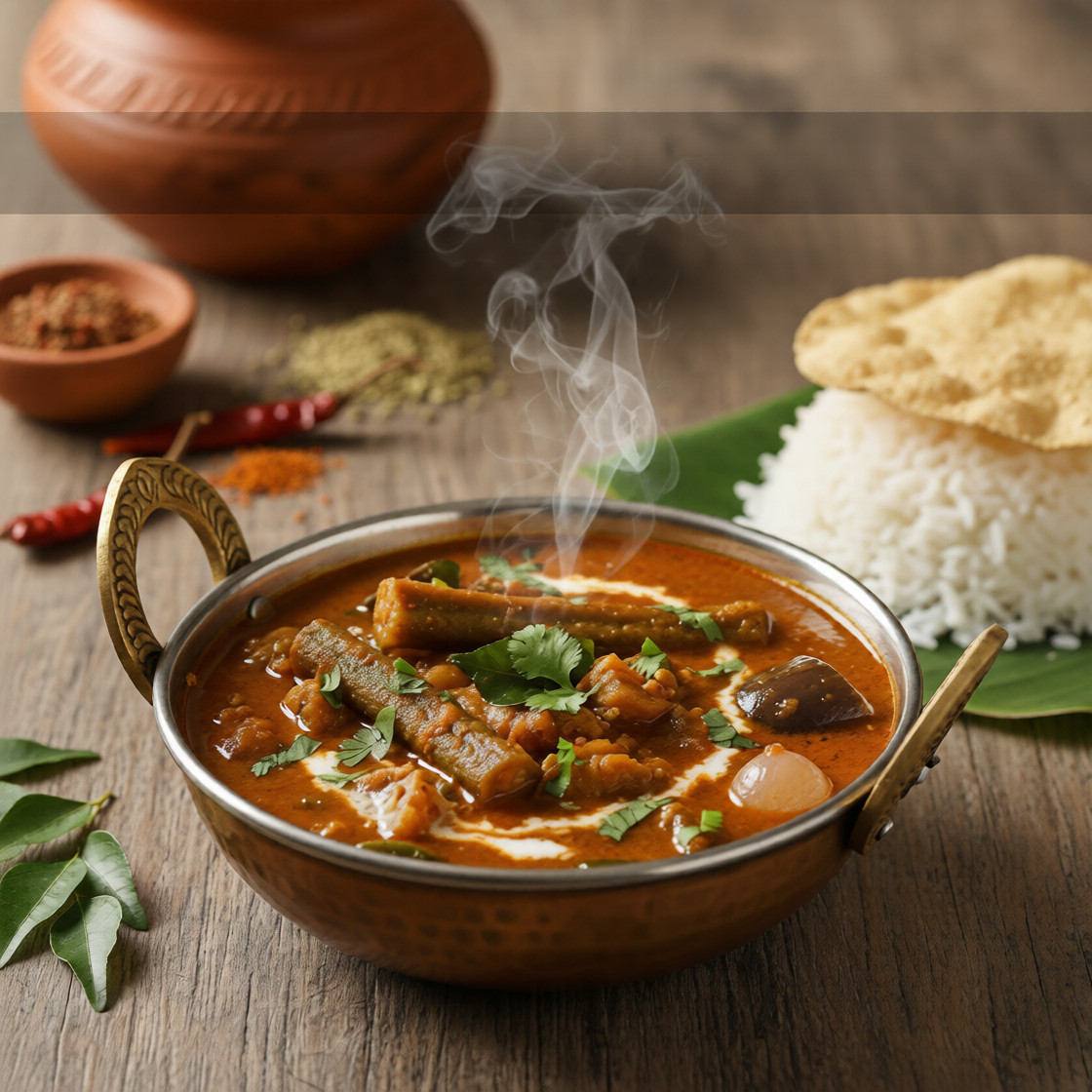 steaming bowl of sambar with drumsticks and curry leaves